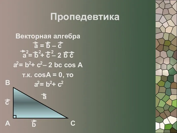 Пропедевтика Векторная алгебра a = b – c a = b + c
