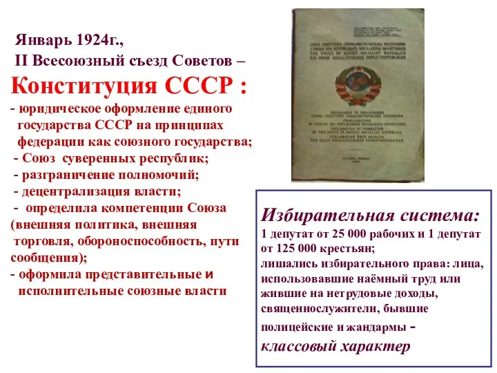 Январь 1924г., II Всесоюзный съезд Советов – Конституция СССР :