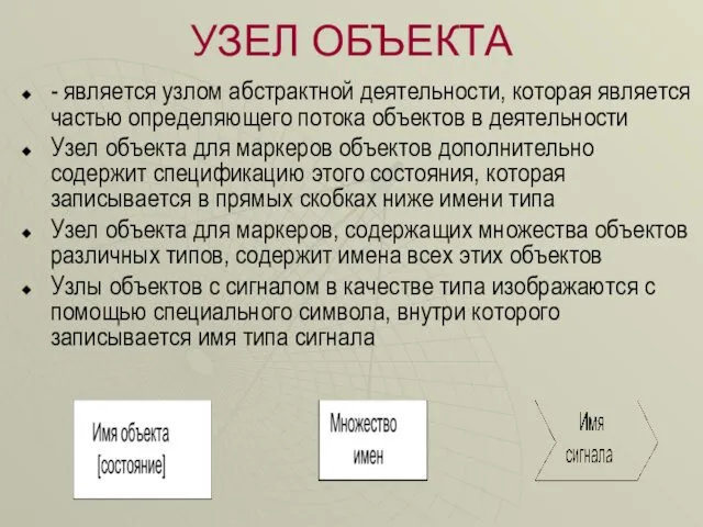 УЗЕЛ ОБЪЕКТА - является узлом абстрактной деятельности, которая является частью