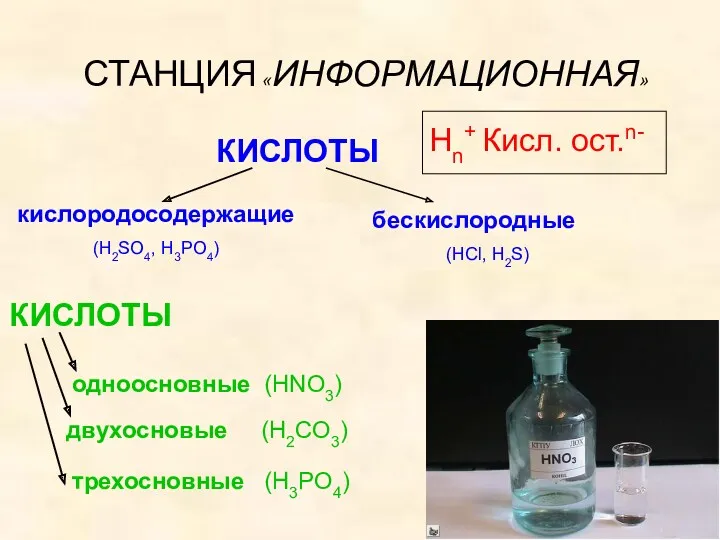 СТАНЦИЯ «ИНФОРМАЦИОННАЯ» КИСЛОТЫ кислородосодержащие (Н2SO4, H3PO4) бескислородные (HCl, H2S) КИСЛОТЫ