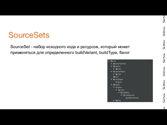 SourceSet - набор исходного кода и ресурсов, который может применяться для определенного buildVariant, buildType, flavor SourceSets