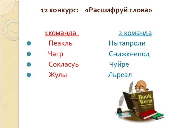 12 конкурс: «Расшифруй слова» 1команда 2 команда Пеакль Нытапроли Чагр Снижкнепод Сокласуь Чуйре Жулы Льреал