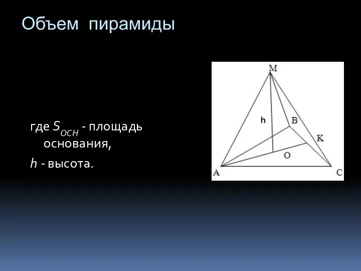 Объем пирамиды где SОСН - площадь основания, h - высота. h