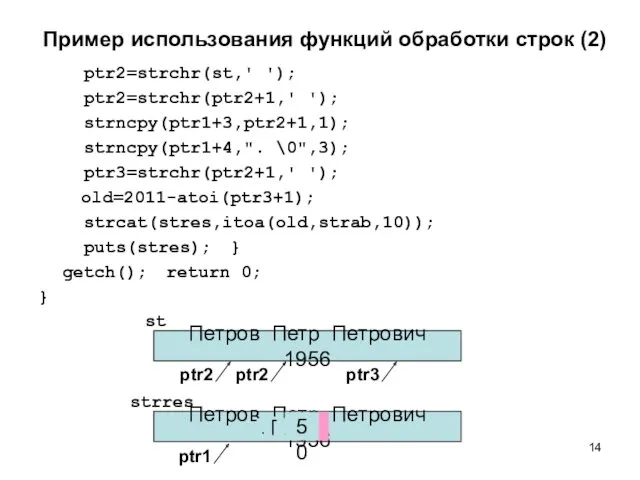 Пример использования функций обработки строк (2) ptr2=strchr(st,' '); ptr2=strchr(ptr2+1,' ');