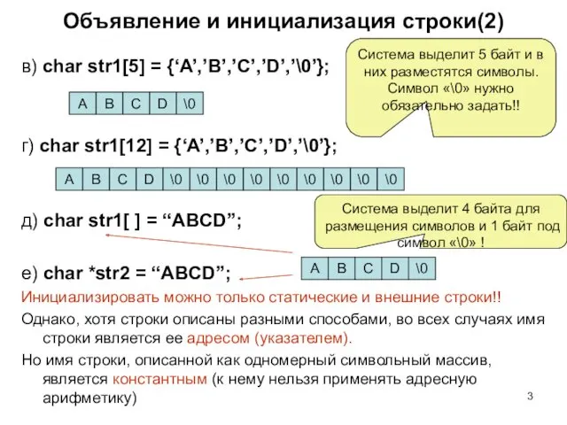 Объявление и инициализация строки(2) в) char str1[5] = {‘A’,’B’,’C’,’D’,’\0’}; г)