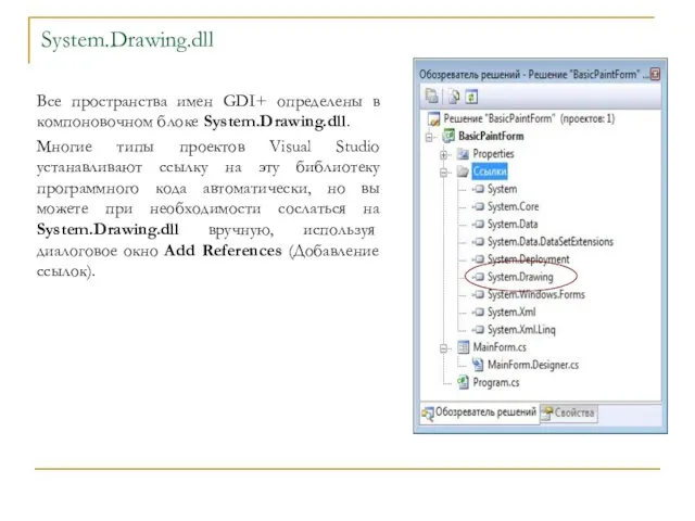 System.Drawing.dll Все пространства имен GDI+ определены в компоновочном блоке System.Drawing.dll.