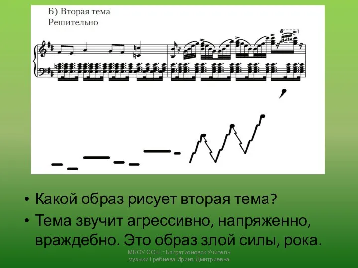 Какой образ рисует вторая тема? Тема звучит агрессивно, напряженно, враждебно.