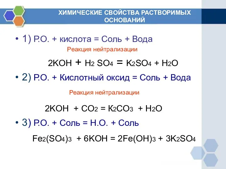 ХИМИЧЕСКИЕ СВОЙСТВА РАСТВОРИМЫХ ОСНОВАНИЙ 1) Р.О. + кислота = Соль