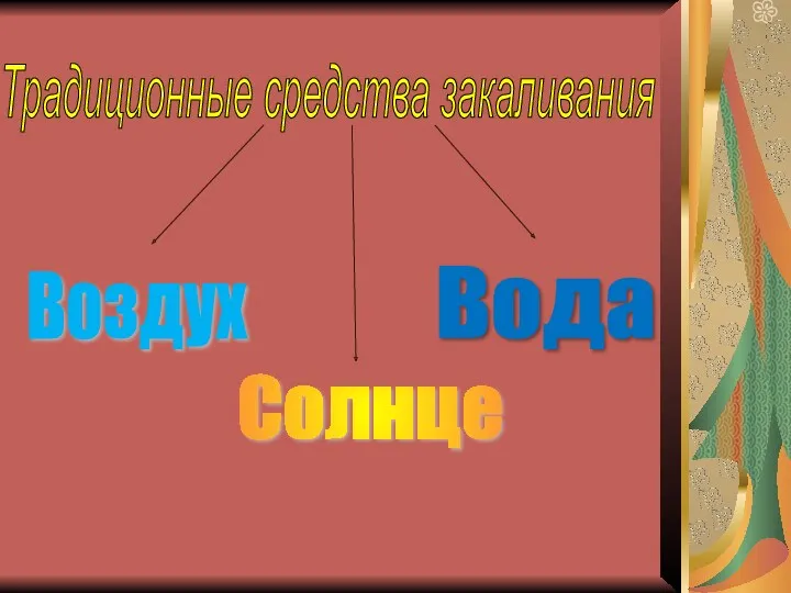 Традиционные средства закаливания Воздух Солнце Вода