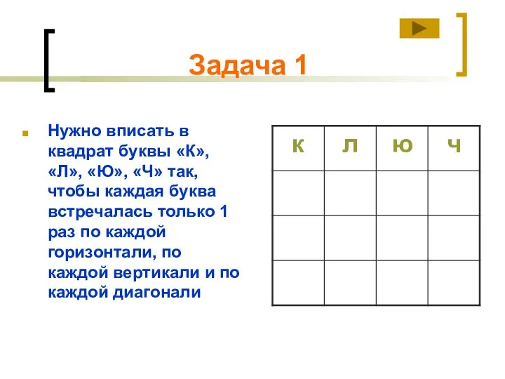 Задача 1 Нужно вписать в квадрат буквы «К», «Л», «Ю», «Ч» так, чтобы