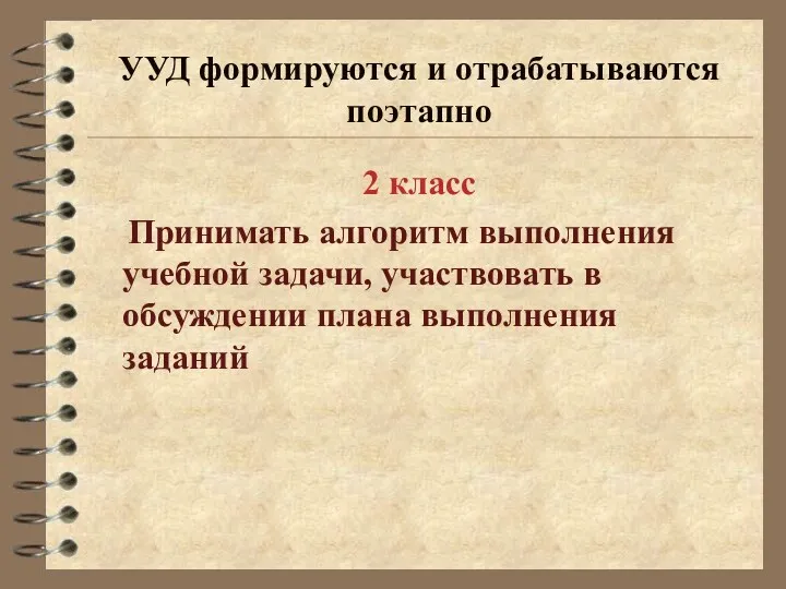 УУД формируются и отрабатываются поэтапно 2 класс Принимать алгоритм выполнения учебной задачи, участвовать