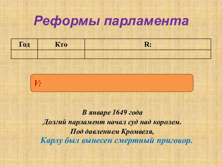 Реформы парламента V: В январе 1649 года Долгий парламент начал суд над королем.