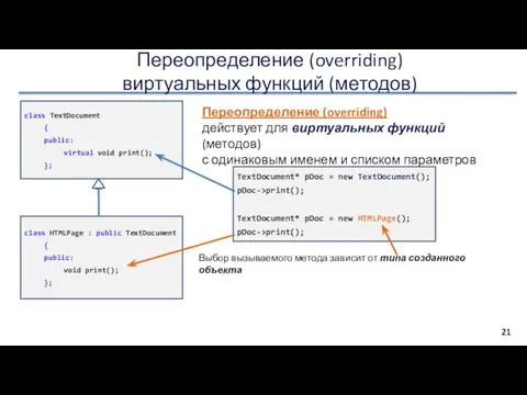 Переопределение (overriding) виртуальных функций (методов) class TextDocument { public: virtual