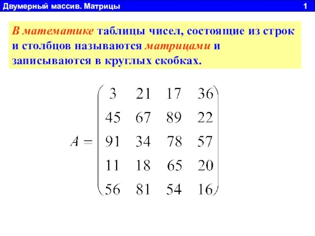 В математике таблицы чисел, состоящие из строк и столбцов называются