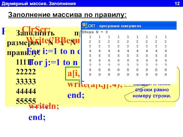 Двумерный массив. Заполнение 12 Заполнение массива по правилу: For i