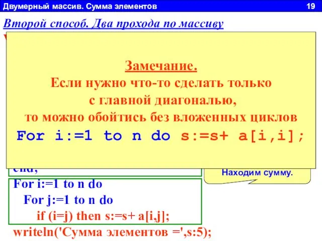 Двумерный массив. Сумма элементов 19 Заполнить двумерный массив N x