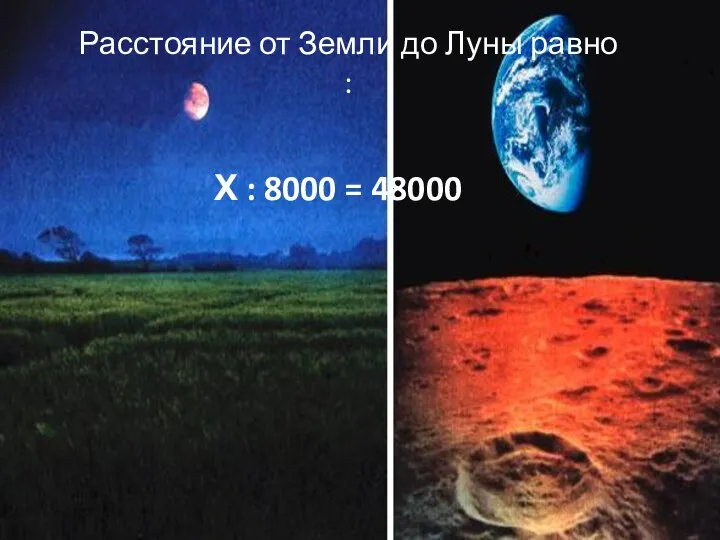 Расстояние от Земли до Луны равно : Х : 8000 = 48000