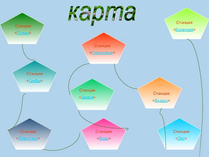 карта Станция «Птицы» Станция «Конечная» Станция «Насекомые» Станция «Грибы» Станция