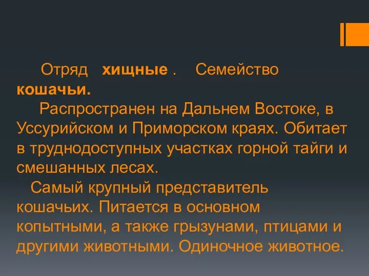 Отряд хищные . Семейство кошачьи. Распространен на Дальнем Востоке, в Уссурийском и Приморском