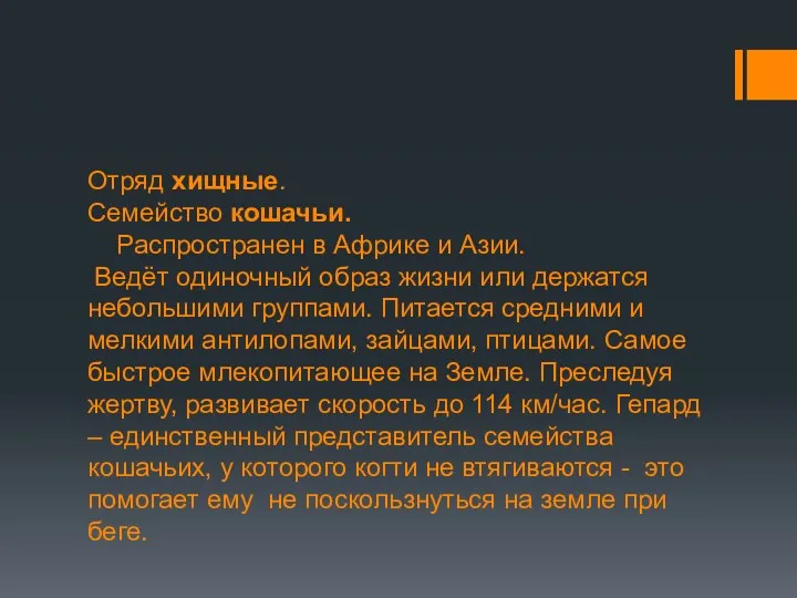 Отряд хищные. Семейство кошачьи. Распространен в Африке и Азии. Ведёт одиночный образ жизни