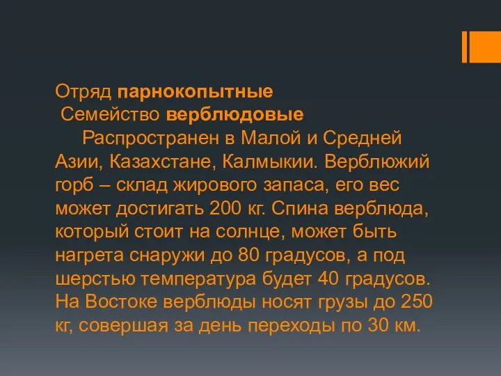 Отряд парнокопытные Семейство верблюдовые Распространен в Малой и Средней Азии, Казахстане, Калмыкии. Верблюжий