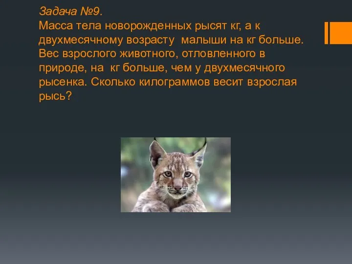 Задача №9. Масса тела новорожденных рысят кг, а к двухмесячному возрасту малыши на