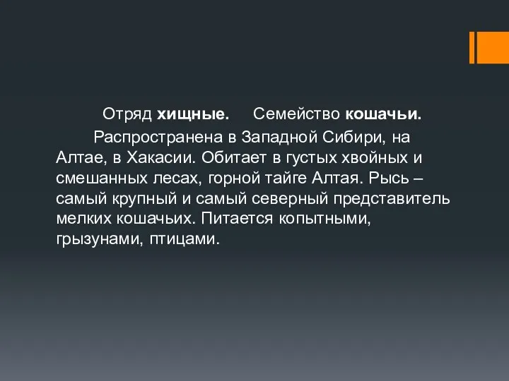 Отряд хищные. Семейство кошачьи. Распространена в Западной Сибири, на Алтае, в Хакасии. Обитает