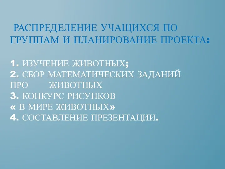 Распределение учащихся по группам и планирование проекта: 1. Изучение животных; 2. Сбор математических