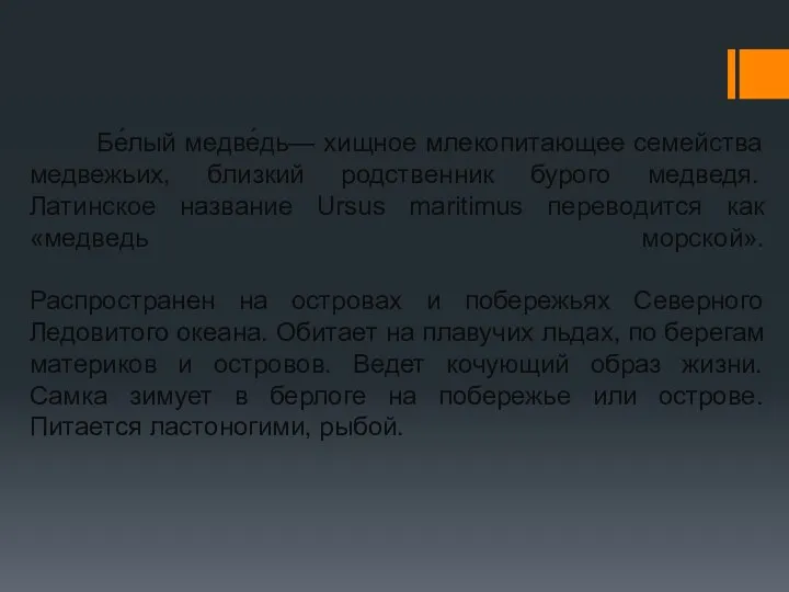 Бе́лый медве́дь— хищное млекопитающее семейства медвежьих, близкий родственник бурого медведя. Латинское название Ursus