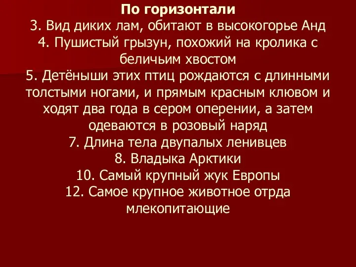 По горизонтали 3. Вид диких лам, обитают в высокогорье Анд