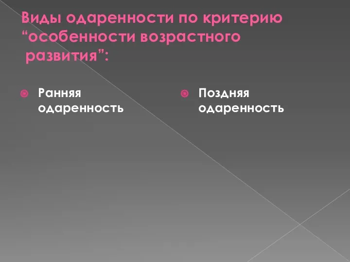 Виды одаренности по критерию “особенности возрастного развития”: Ранняя одаренность Поздняя одаренность