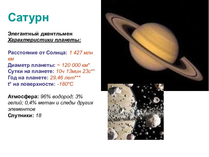 Сатурн Элегантный джентльмен Характеристики планеты: Расстояние от Солнца: 1 427 млн км Диаметр