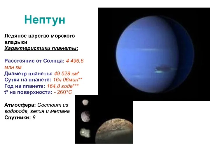 Нептун Ледяное царство морского владыки Характеристики планеты: Расстояние от Солнца: 4 496,6 млн