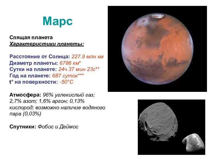 Марс Спящая планета Характеристики планеты: Расстояние от Солнца: 227.9 млн км Диаметр планеты: