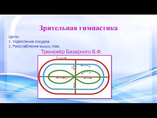 Зрительная гимнастика Цели: 1. Укрепление сосудов. 2. Расслабление мышц глаз. Тренажёр Базарного В.Ф.