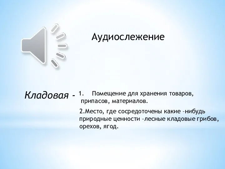 Аудиослежение Кладовая - Помещение для хранения товаров, припасов, материалов. 2.Место,