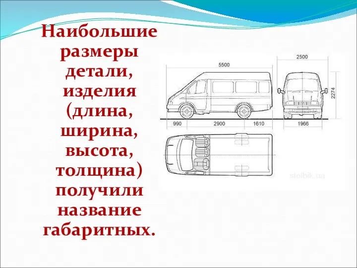 Наибольшие размеры детали, изделия (длина, ширина, высота, толщина) получили название габаритных.