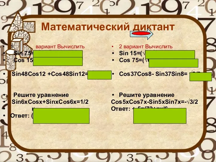 Математический диктант 1 вариант Вычислить Sin 75=(√6+√2)/4 Cos 15=(6+√2)/4 Sin48Сos12 +Сos48Sin12= √3/2 Решите
