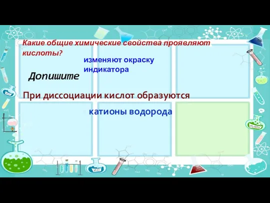 катионы водорода изменяют окраску индикатора Какие общие химические свойства проявляют кислоты? При диссоциации кислот образуются