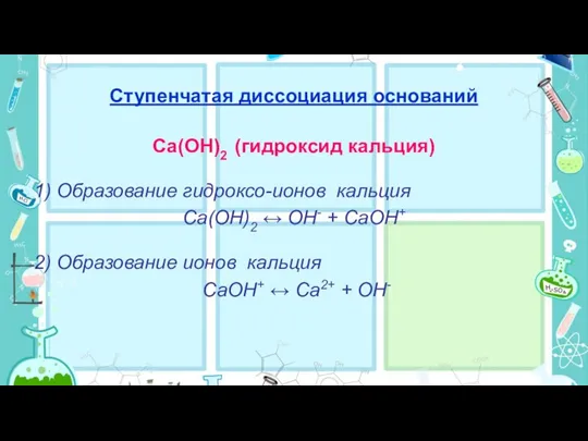 Ступенчатая диссоциация оснований Сa(OH)2 (гидроксид кальция) 1) Образование гидроксо-ионов кальция