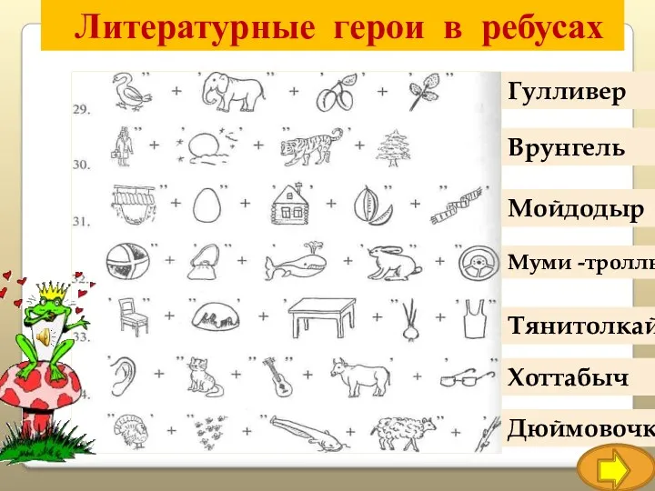 Литературные герои в ребусах Гулливер Врунгель Мойдодыр Муми -тролль Тянитолкай Хоттабыч Дюймовочка