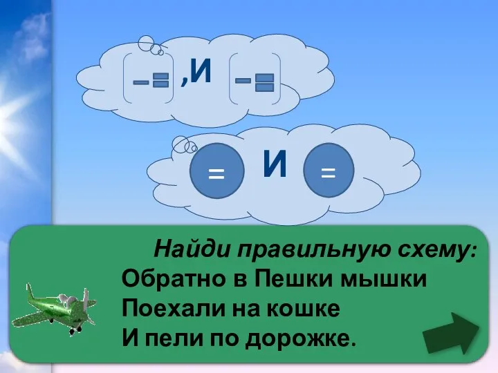 Найди правильную схему: Обратно в Пешки мышки Поехали на кошке