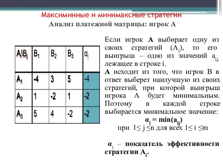 Максиминные и минимаксные стратегии Анализ платежной матрицы: игрок А Если