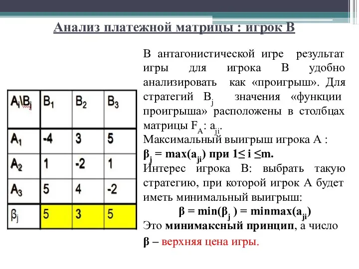 Анализ платежной матрицы : игрок В В антагонистической игре результат