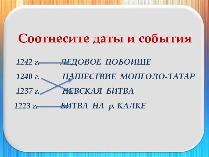 Соотнесите даты и события 1242 г. ЛЕДОВОЕ ПОБОИЩЕ 1240 г.