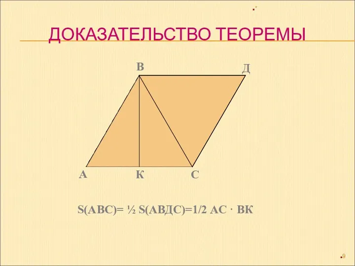 ДОКАЗАТЕЛЬСТВО ТЕОРЕМЫ * А В Д С К S(АВС)= ½ S(АВДС)=1/2 АС · ВК