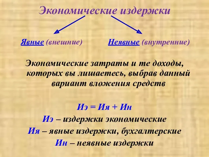 Экономические издержки Экономические затраты и те доходы, которых вы лишаетесь,