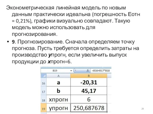 Эконометрическая линейная модель по новым данным практически идеальна (погрешность Еотн