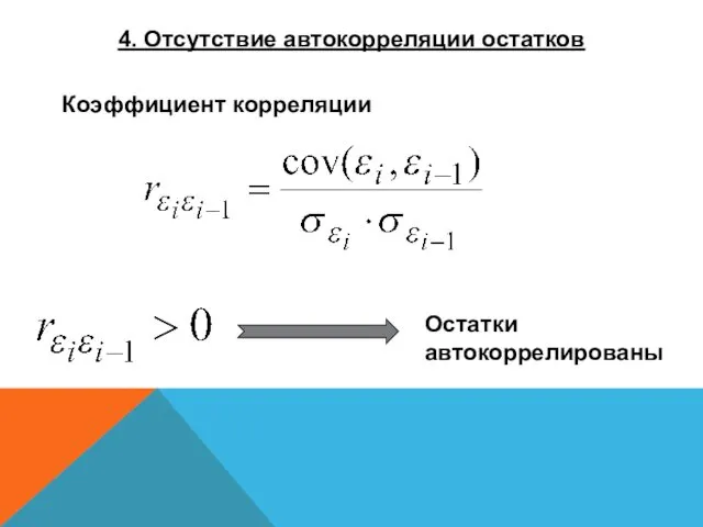 4. Отсутствие автокорреляции остатков Коэффициент корреляции Остатки автокоррелированы