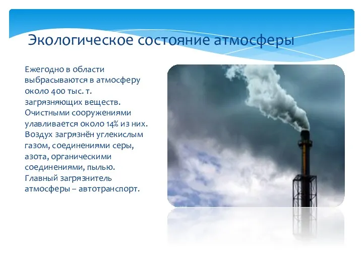 Ежегодно в области выбрасываются в атмосферу около 400 тыс. т.